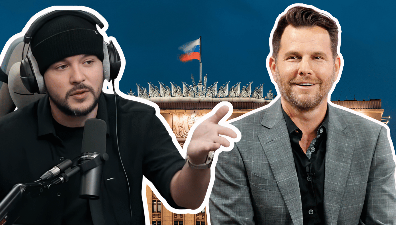 Tim Pool (Left), Dave Rubin with the Kremlin in the background