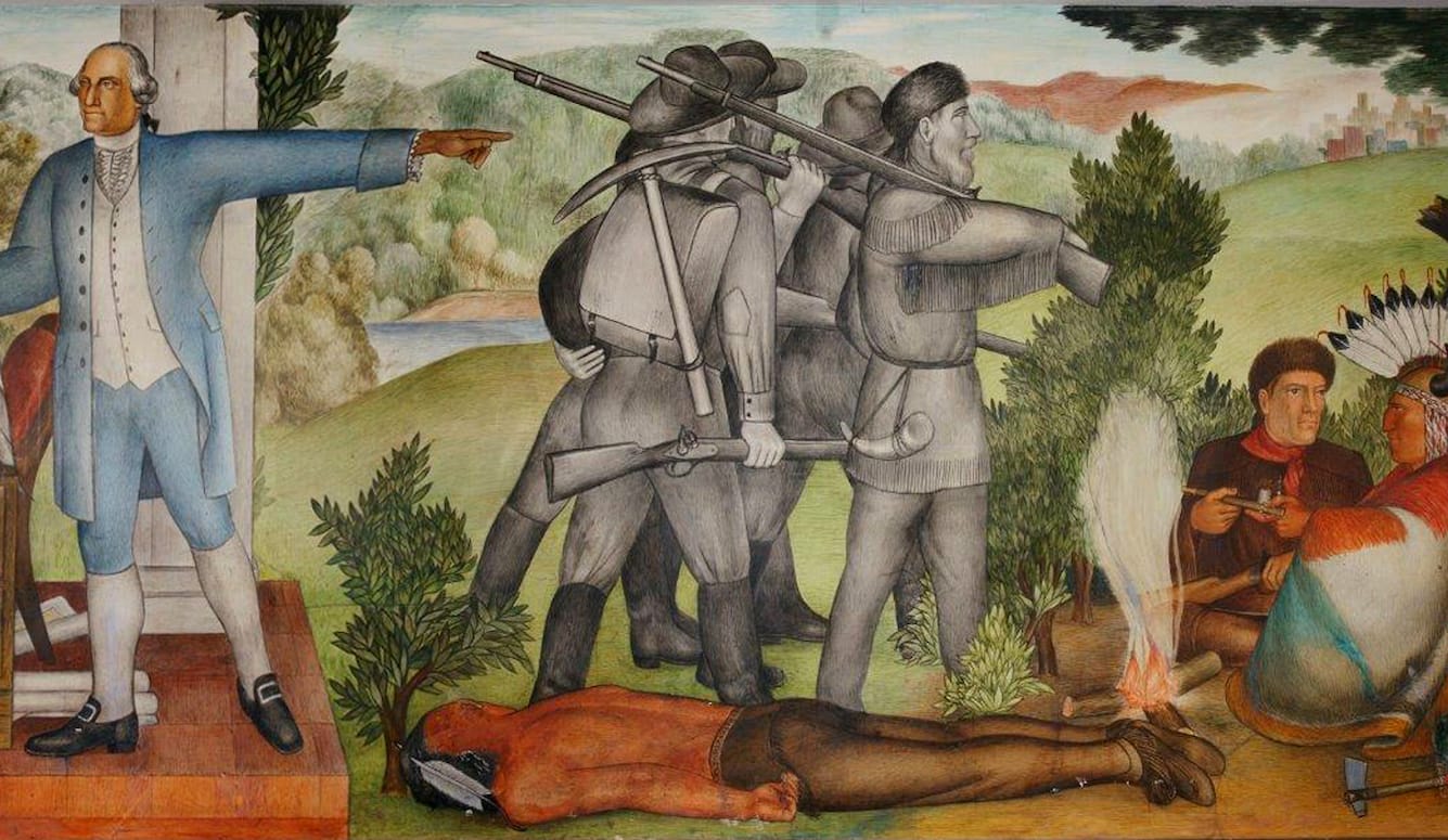 Detail from Life of Washington (1936) by Victor Arnautoff, shows a white man in 18th-century dress, a troop of fur trappers.