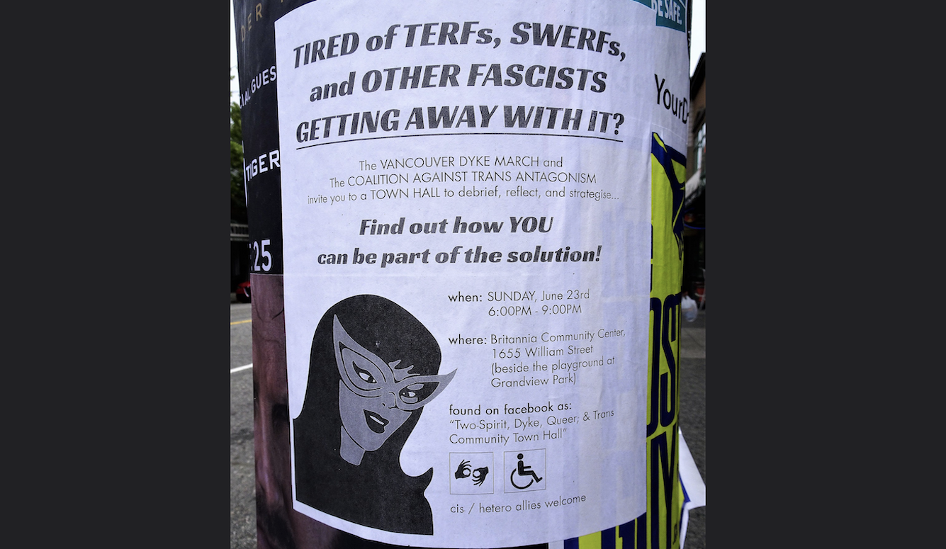 A Vancouver street poster bearing the words "TIRED of TERFs, SWERFs, and OTHER FASCISTS GETTING AWAY WITH IT?"