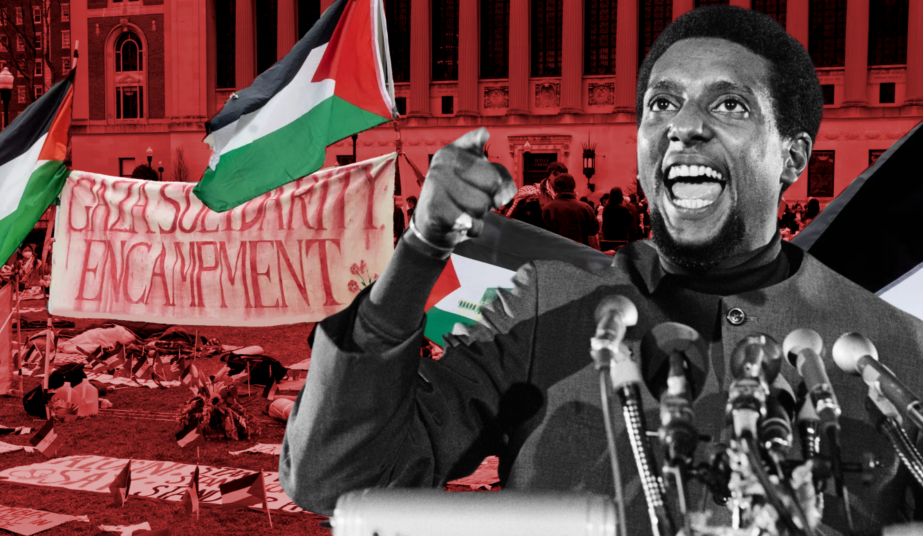 Composite image of Stokely Carmichael speaking; background is a Gaza solidarity encampment at a university