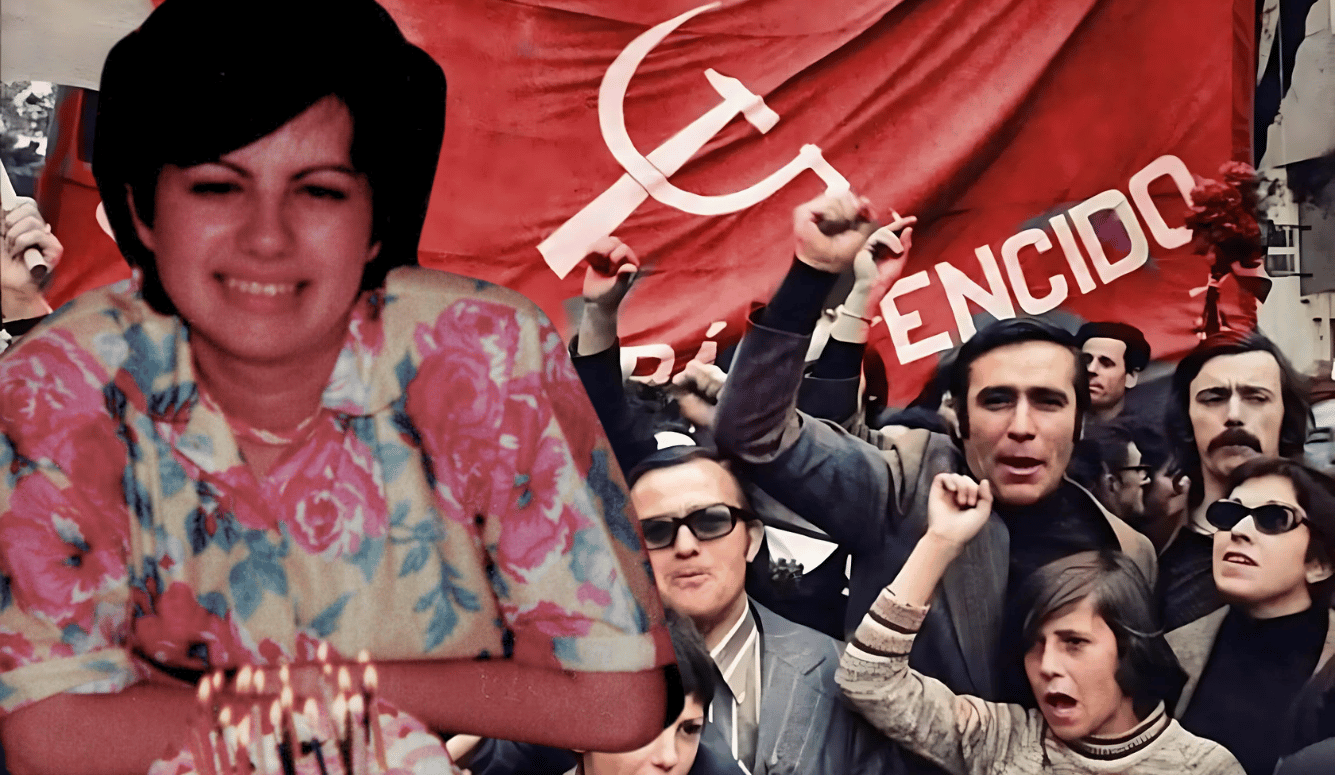 A young Evelina smiles behind a birthday cake. Background of a Portuguese Marxist protest.