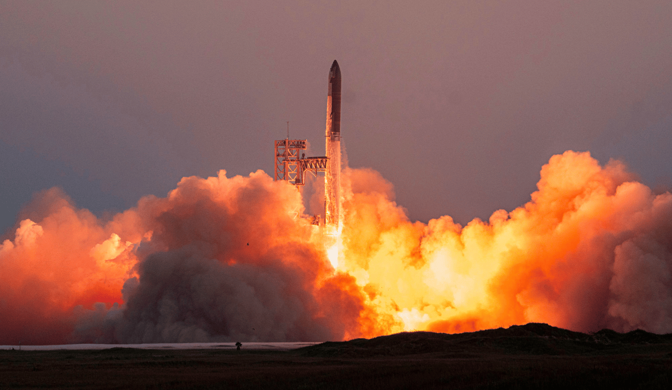 A rocket launches from fiery clouds.