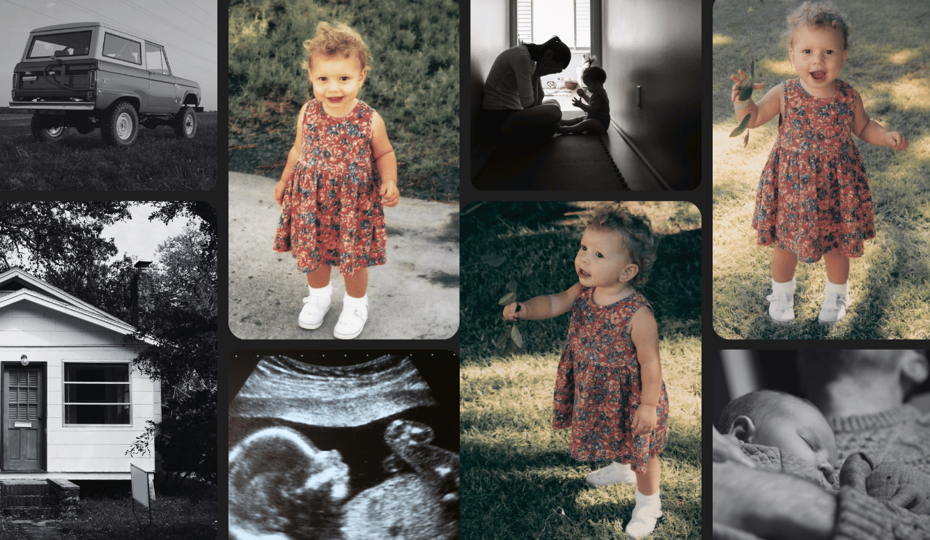 A family photo collage featuring a happy girl toddler in a summer dress and black and white photos.