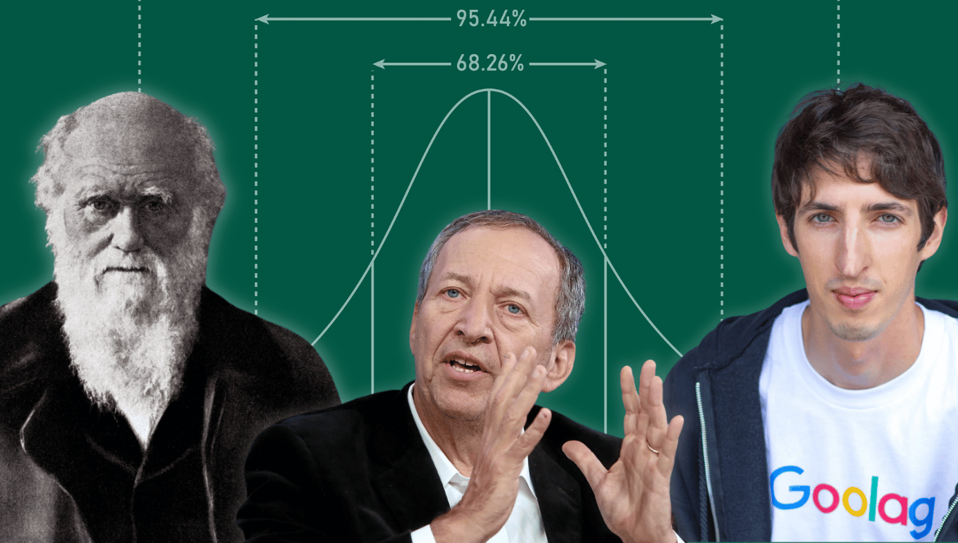 Composite image of Charles Darwin, Lawrence Summers and James Damore in front of a standard deviation graph. 