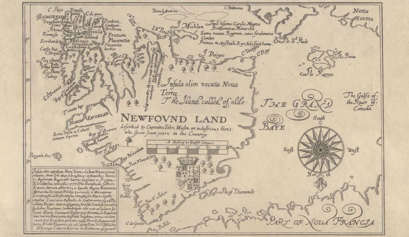 Early 17th-century map of "Newfound Land," black and white, detailed drawing. 