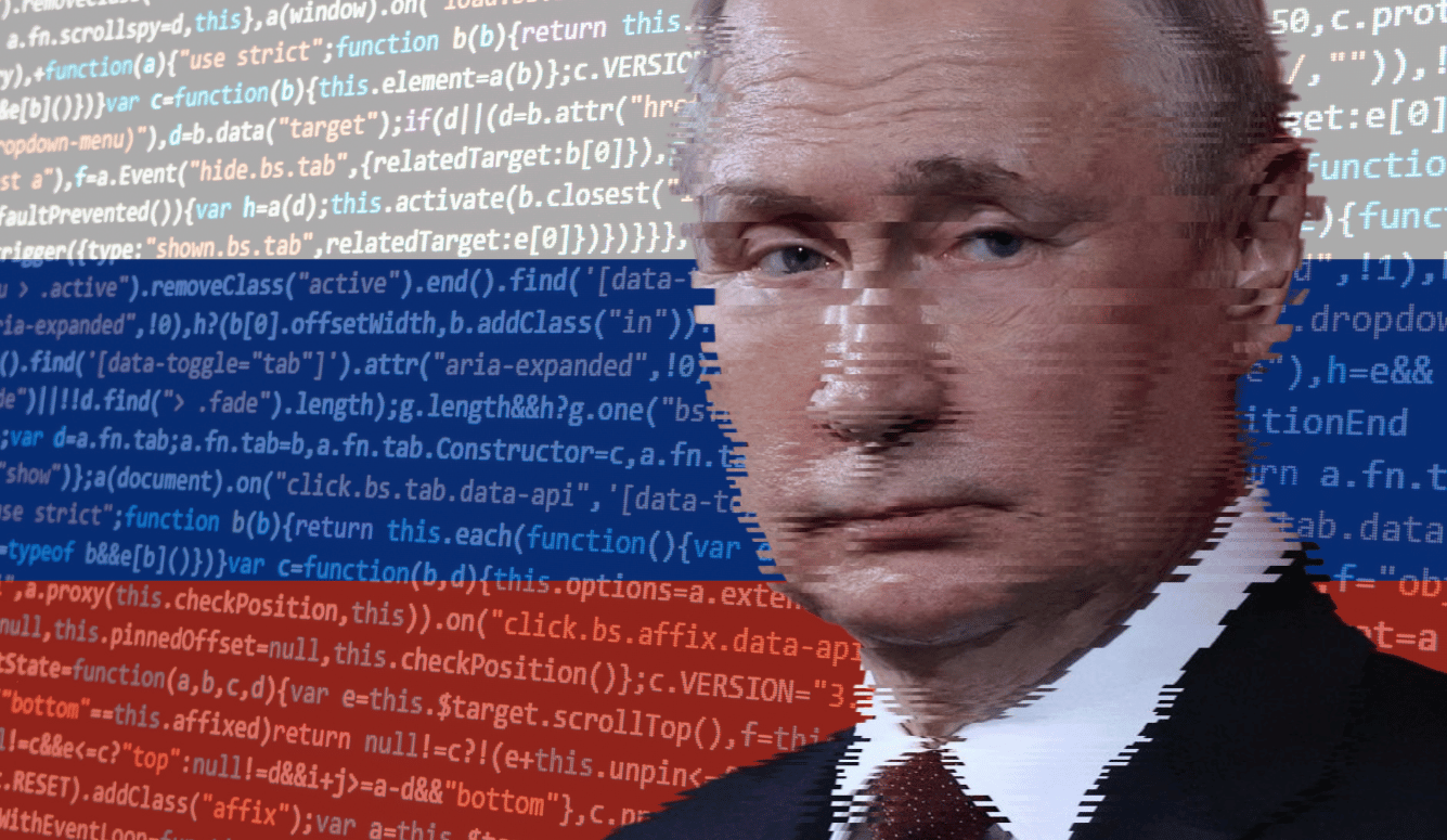 Putin and a background of the Russian flag with data on it. 