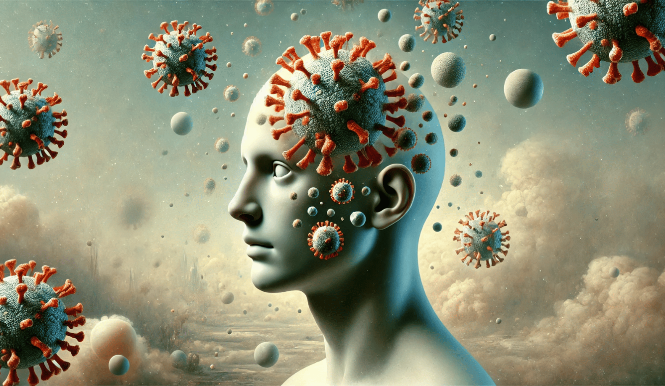 Surreal head with virus shapes, abstract and dreamlike.