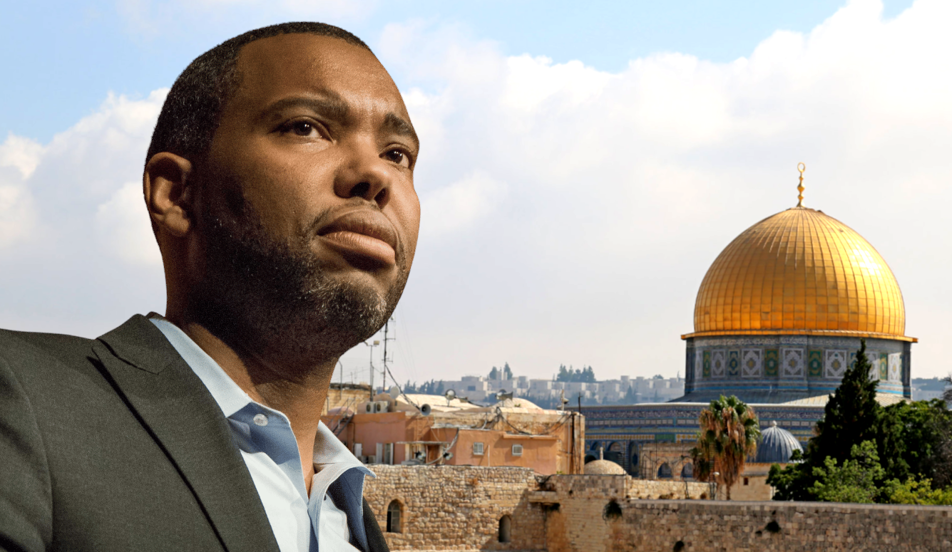 Ta-Nehisi Coates is a middle-aged black man in a suit with the Dome of the Rock in the background. 