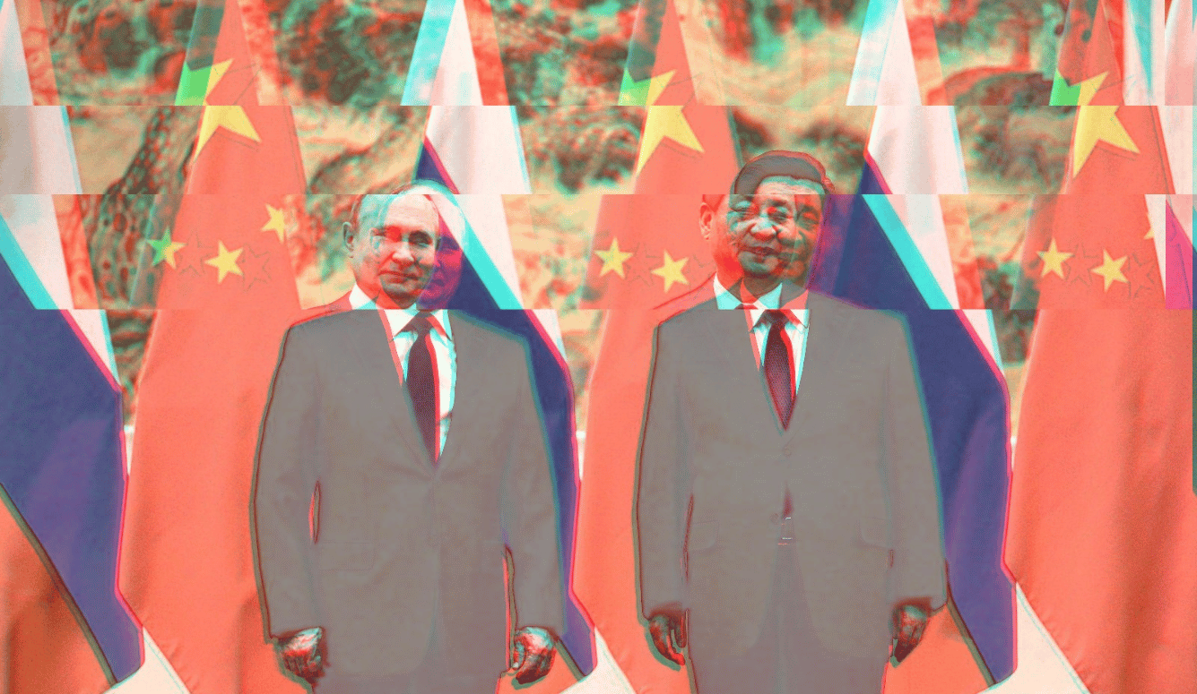 Putin and Xinping, composite image, in grey suits, with Russian and Chinese flags, colourised. 