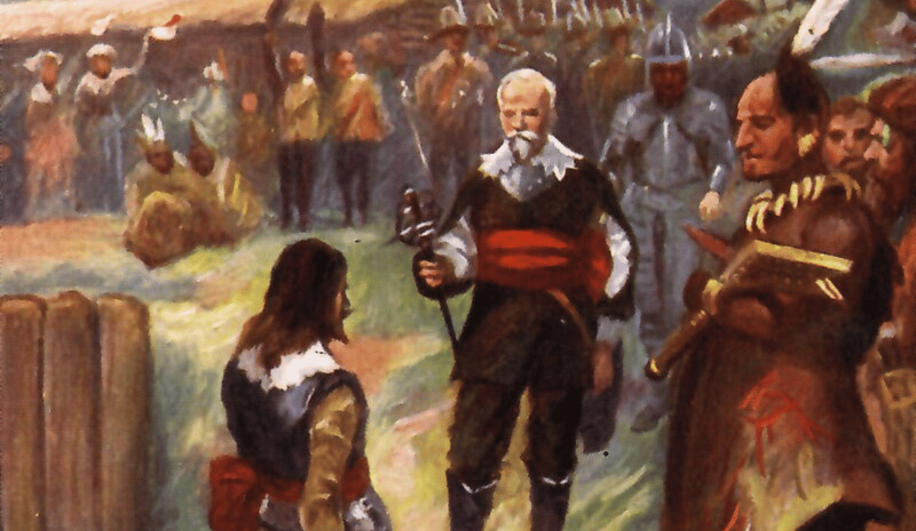 Samuel de Champlain is a white-haired man with a beard, in 17th-century clothing, carrying a sword.