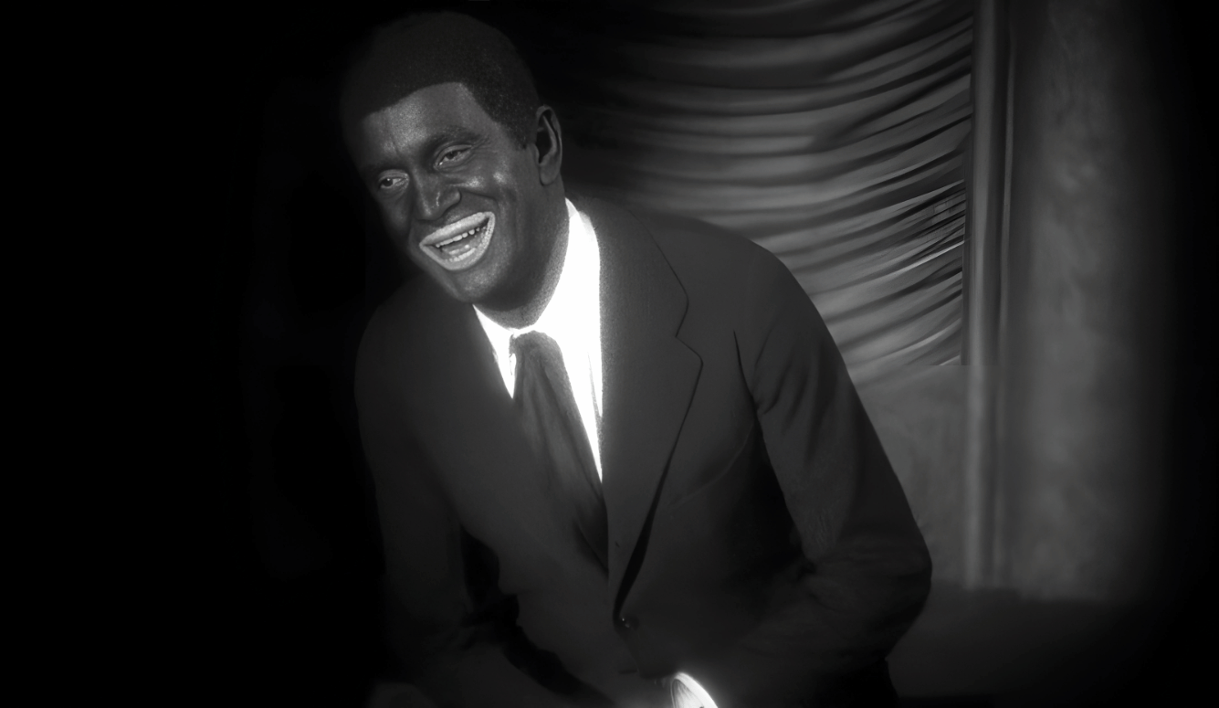 A middle-aged man on stage in blackface, wearing a suit. Black and white image.