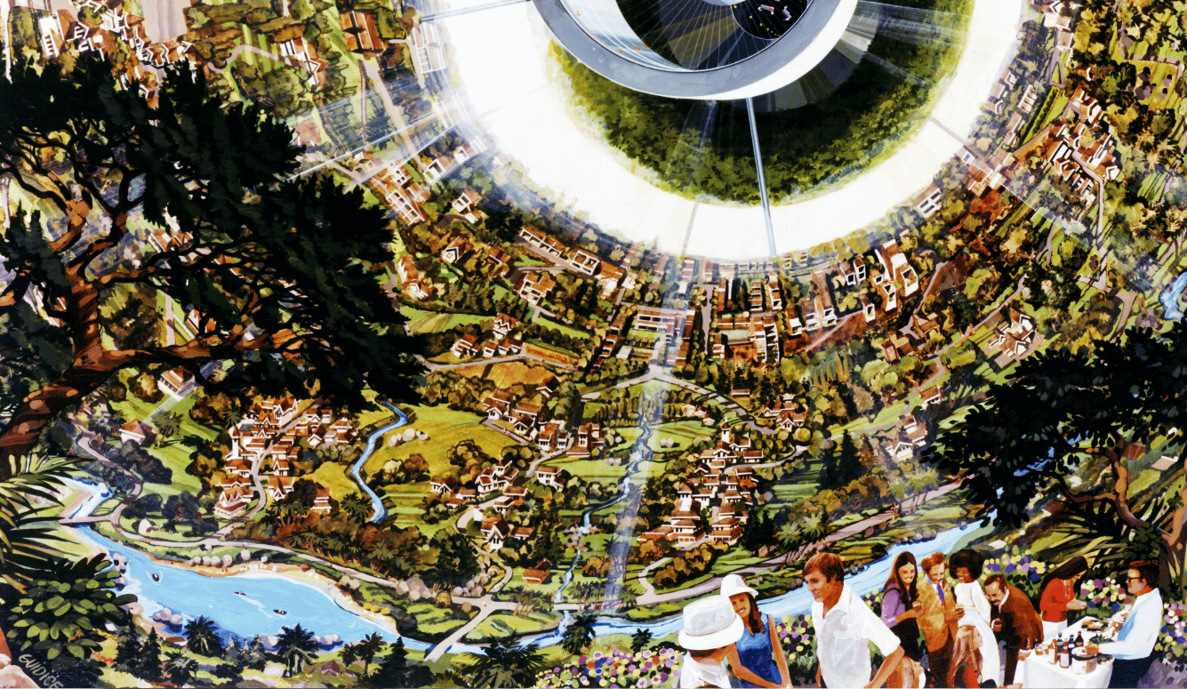 A landscape, river and people picnicking inside a sphere. A hub is visible above. 