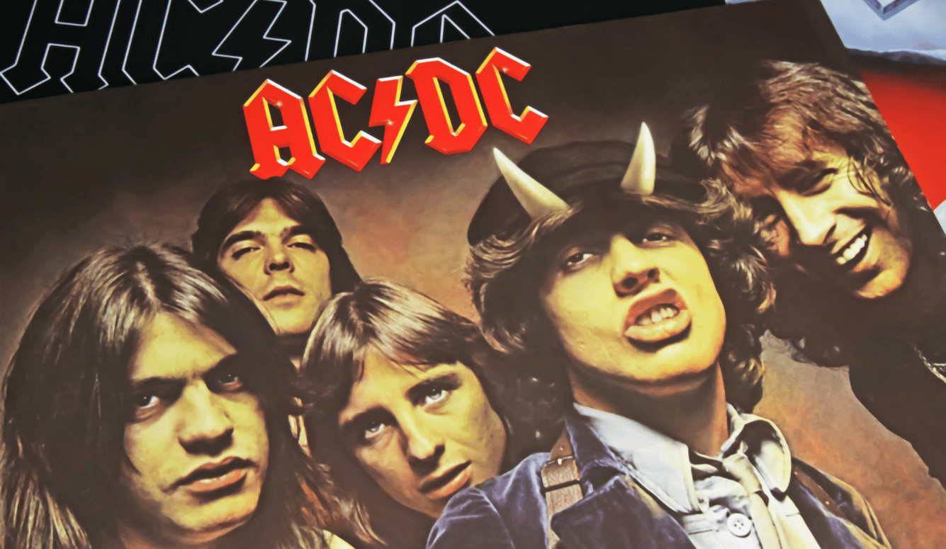 Closeup of isolated vinyl record Highway to Hell album of rock band AC/DC released 1979.