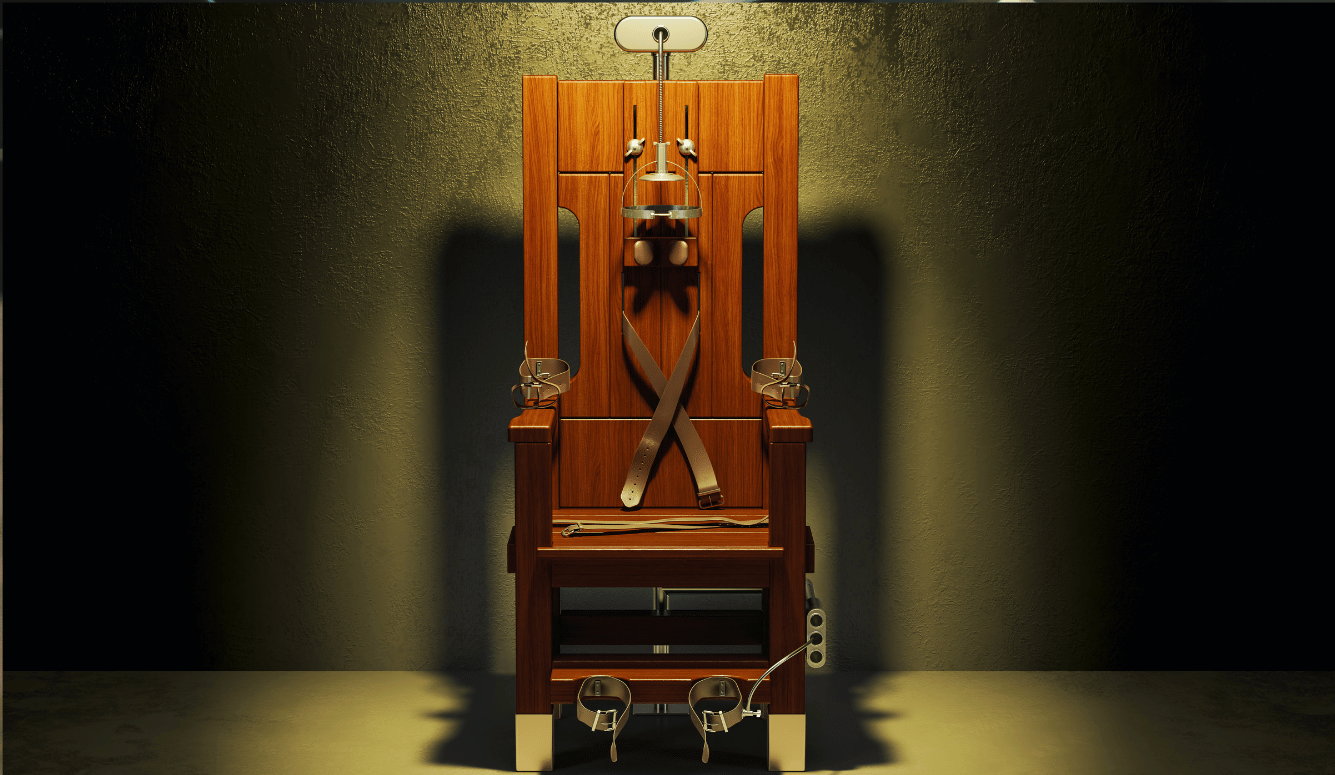 An electric chair in a dark room.