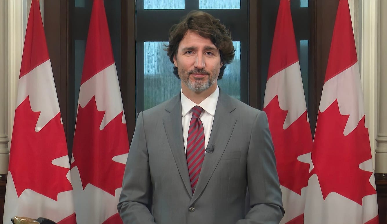 Justin Trudeau in a grey suit and striped tie, in front of Canadian flags. He  a salt-and-pepper beard and curly brown hair. 