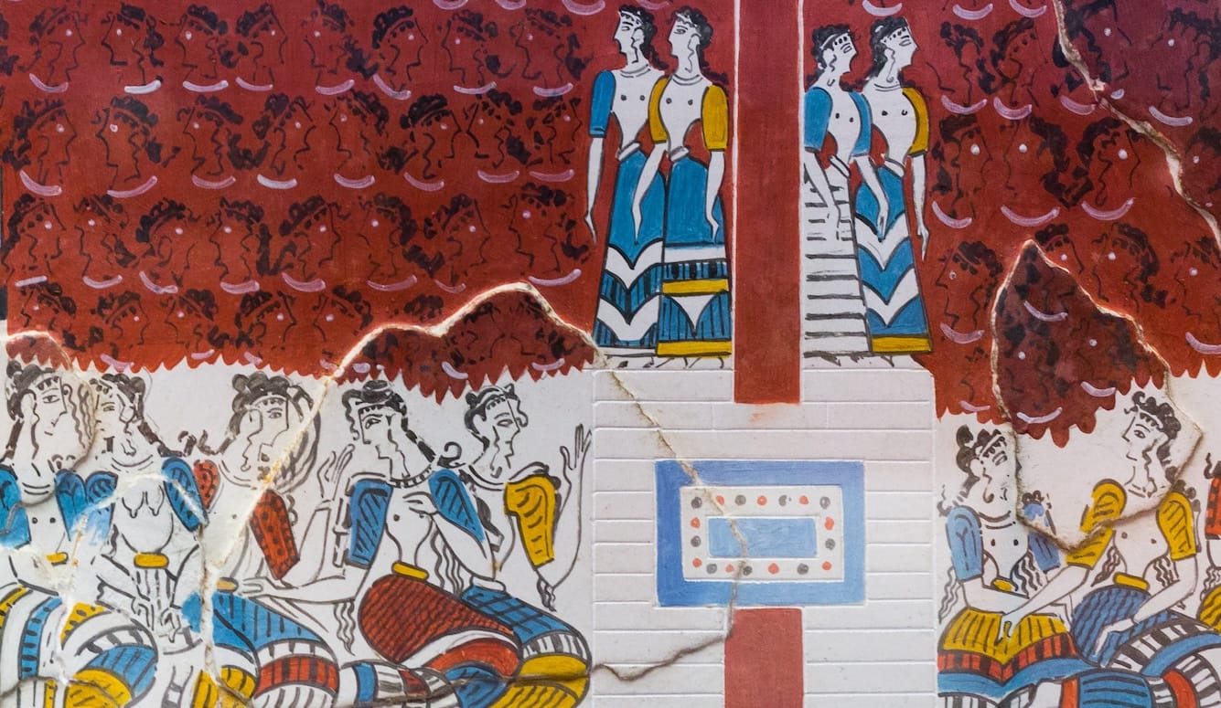 Detail from a Minoan wall painting, depicting women attending spiritual ceremonies. 