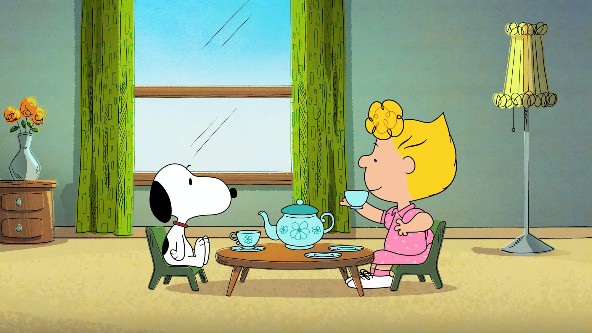 Snoopy and Sally Brown have tea together. 