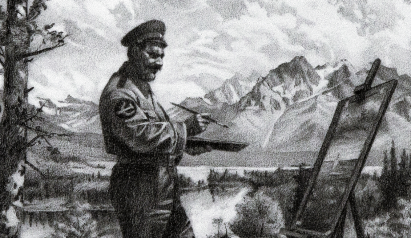 Black-and-white drawing of Hitler at an easel, painting, outside. 