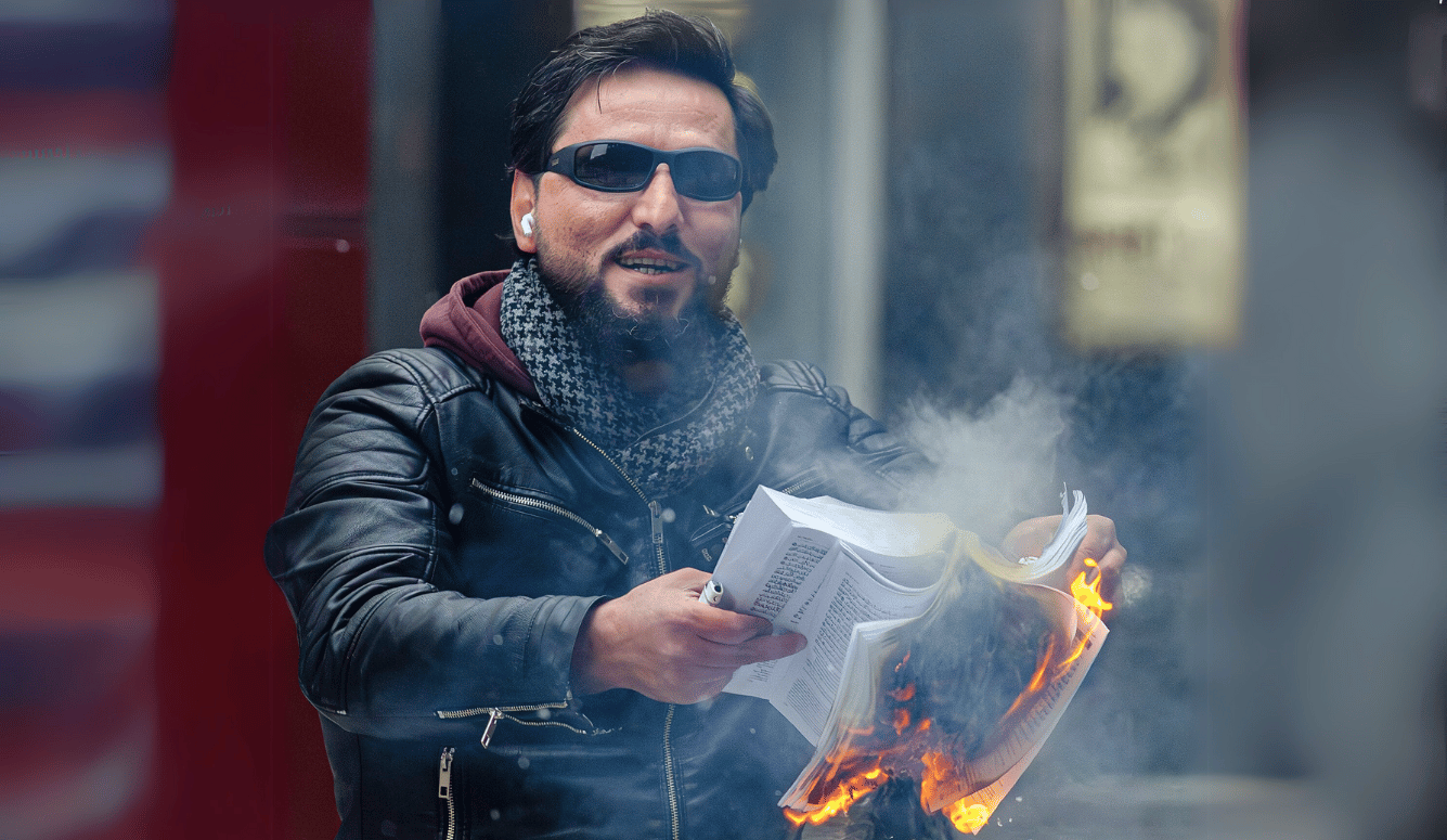 A man in sunglasses burns a Quran.