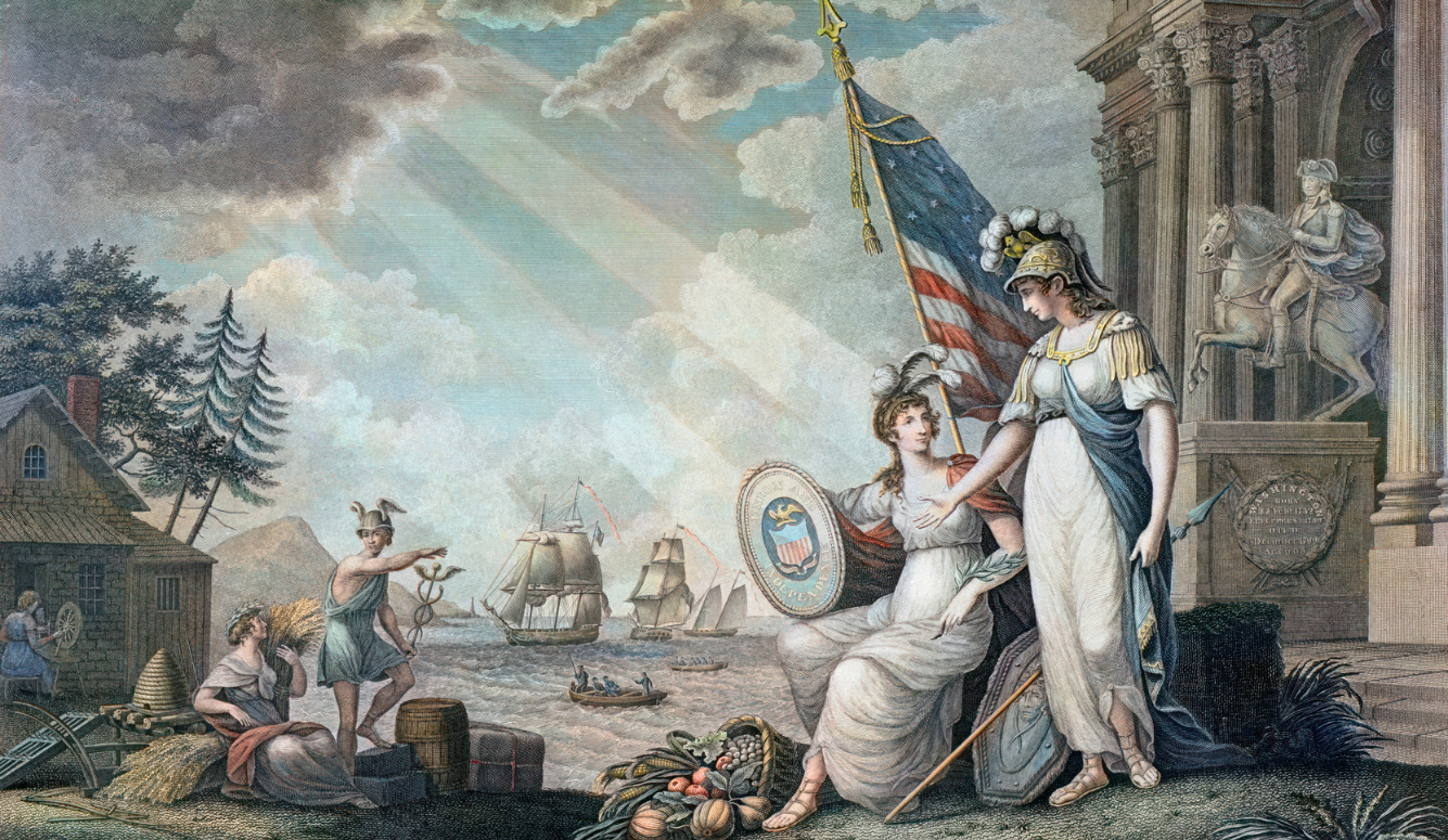 An image of America personified as a Roma goddess, guided by Minerva, with shield and flag. 