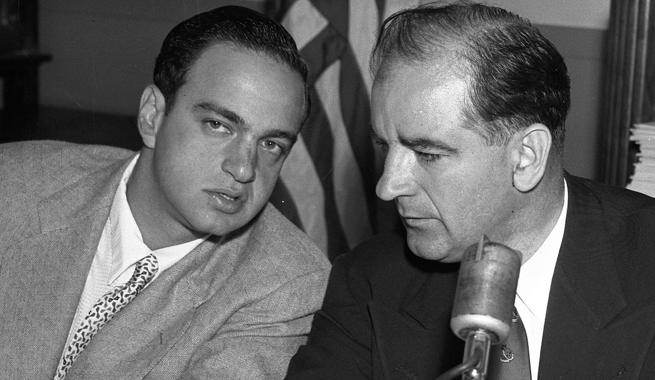 Joseph McCarthy and Roy Cohn, head and shoulders, both are white men in suits.  