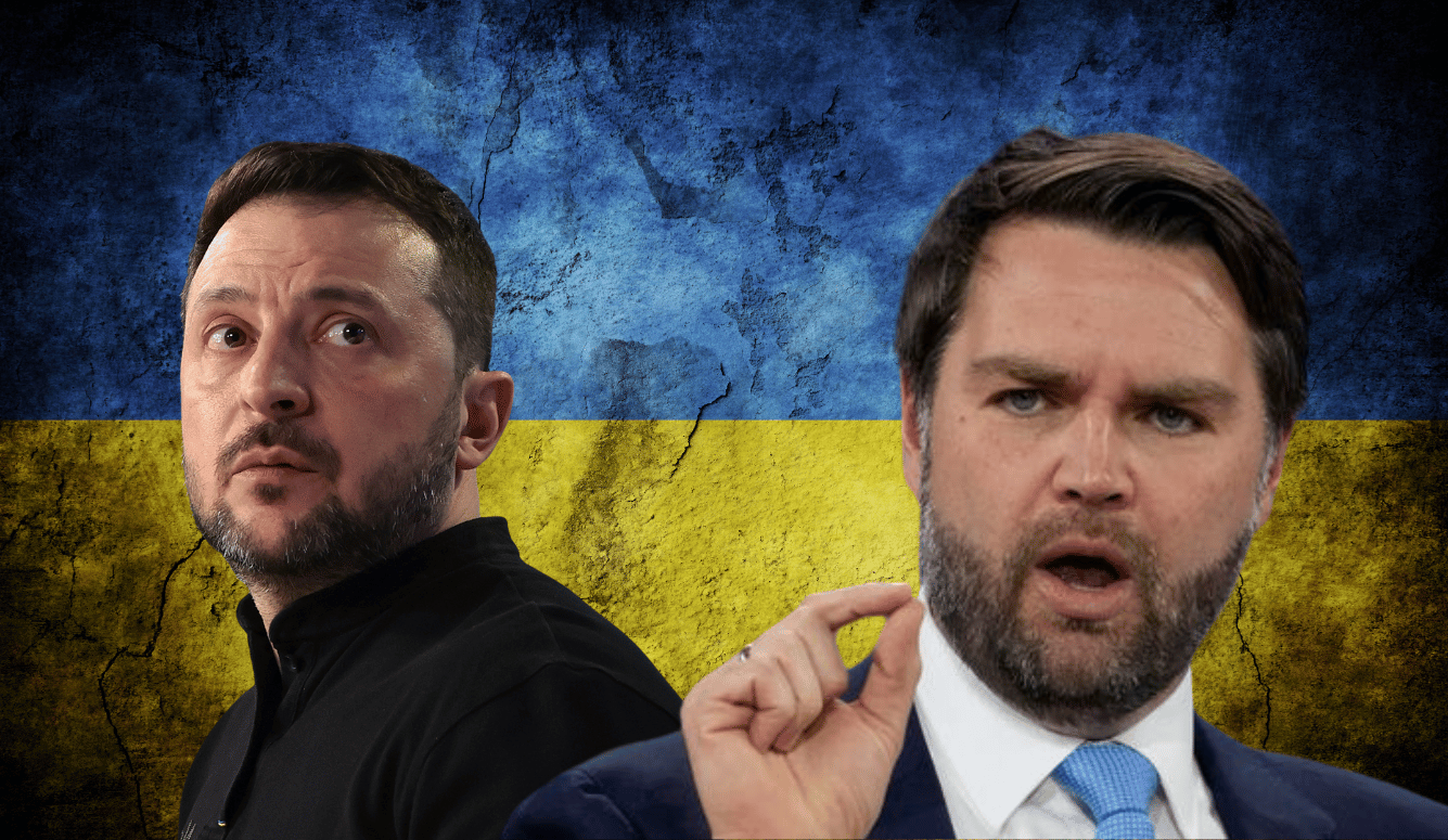 Zelensky and Vance collage with Ukraine flag in background. 