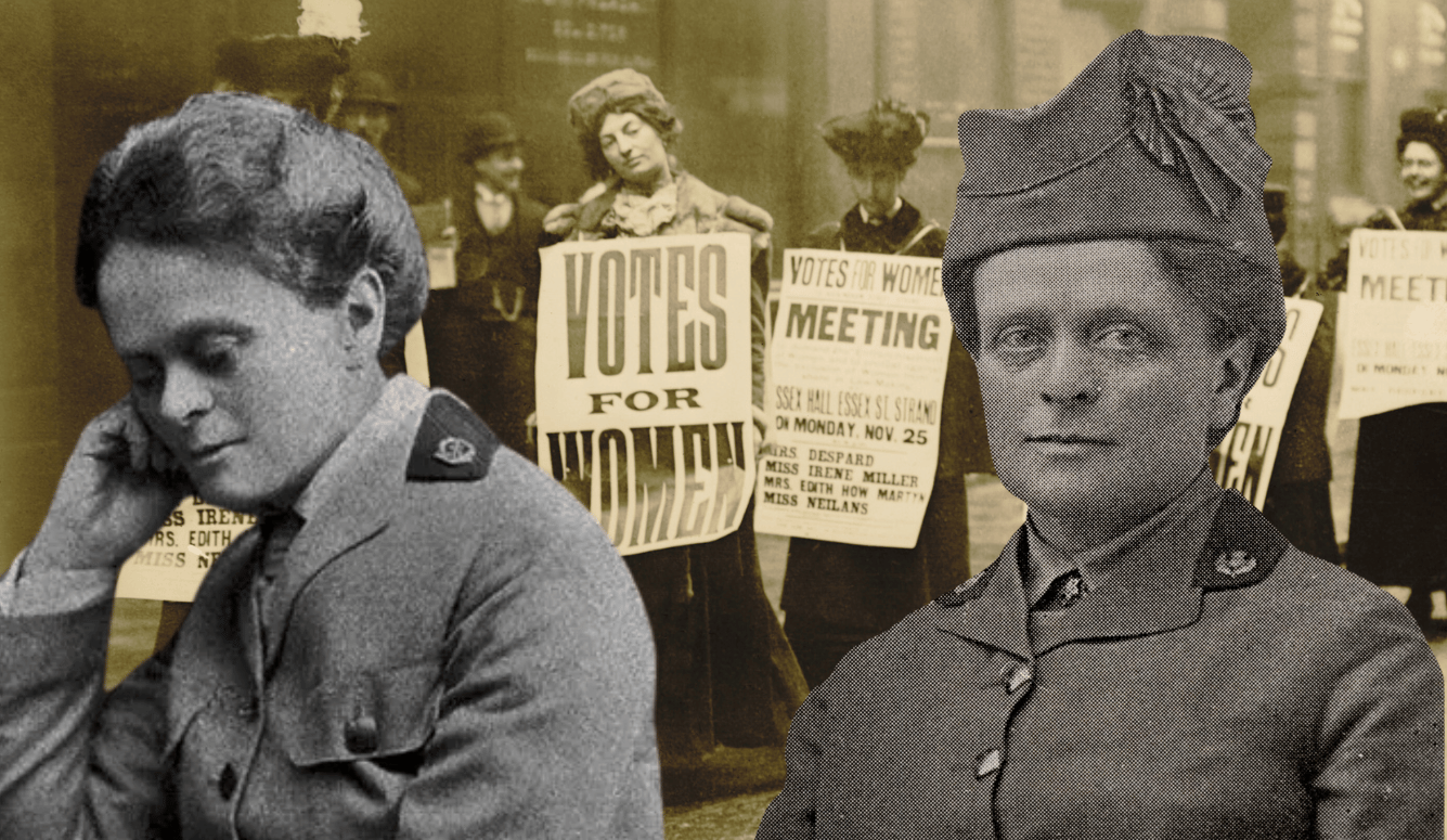 Elsie Inglis in grainy, black and white portrait from early 1900s. Sepia background image of suffragettes with placards.