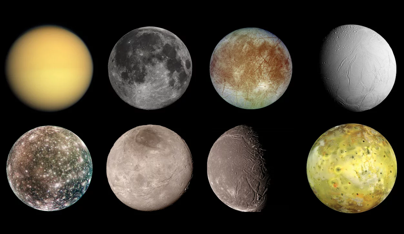 Moons in two rows, against a black background. 