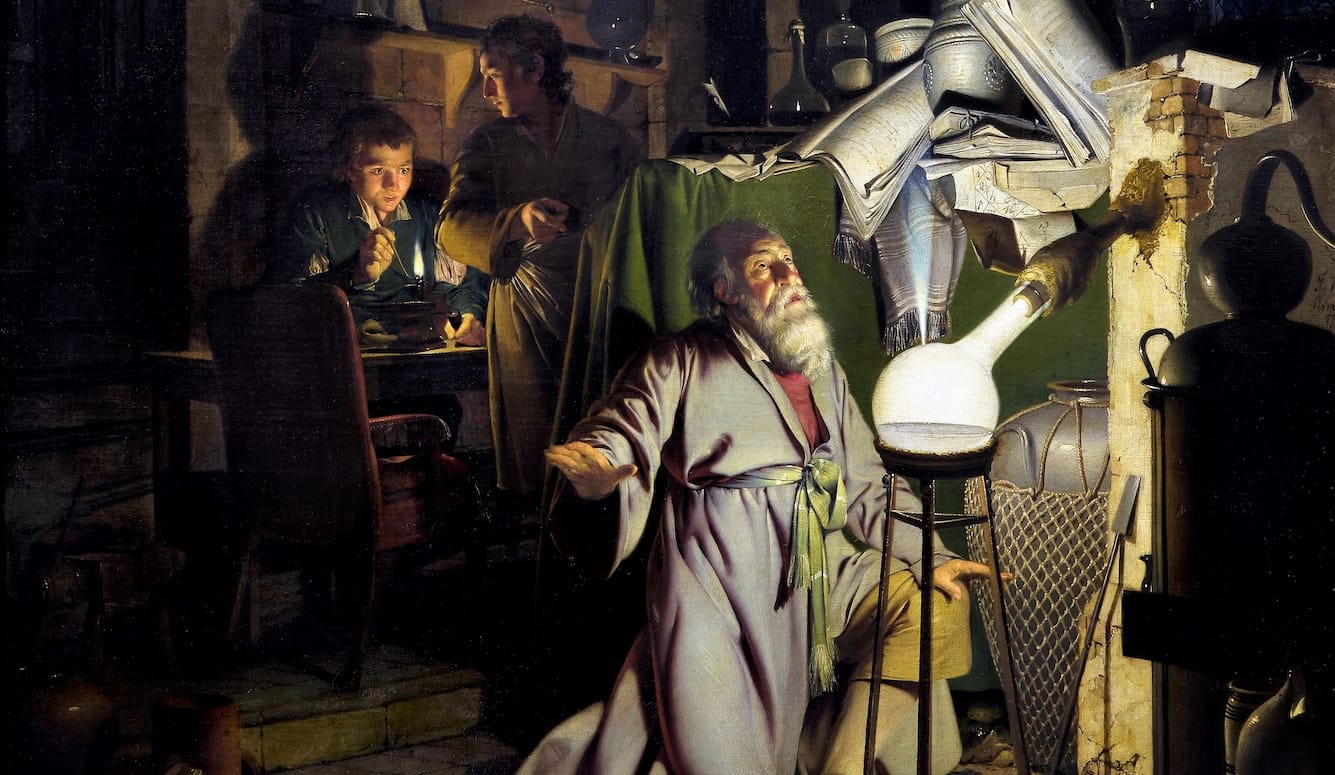 Oil painting showing an alchemist’s laboratory. 