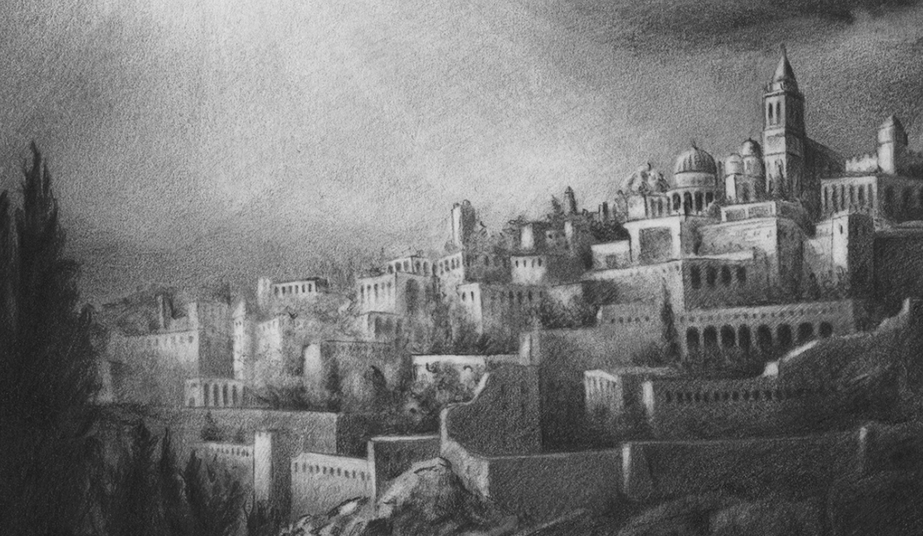 Black and white drawing of Jerusalem. 