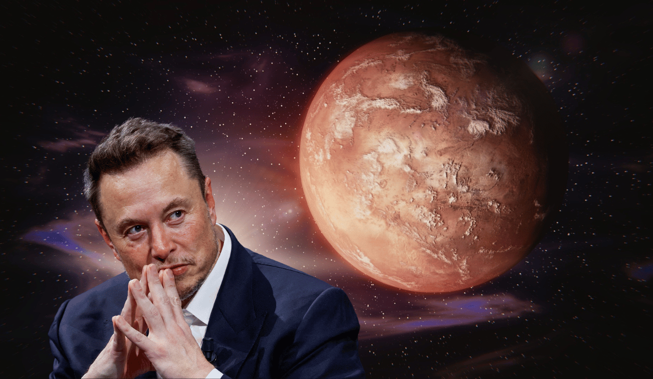 Elon Musk holds his hands to his mouth as he stares at Mars in a collage. 