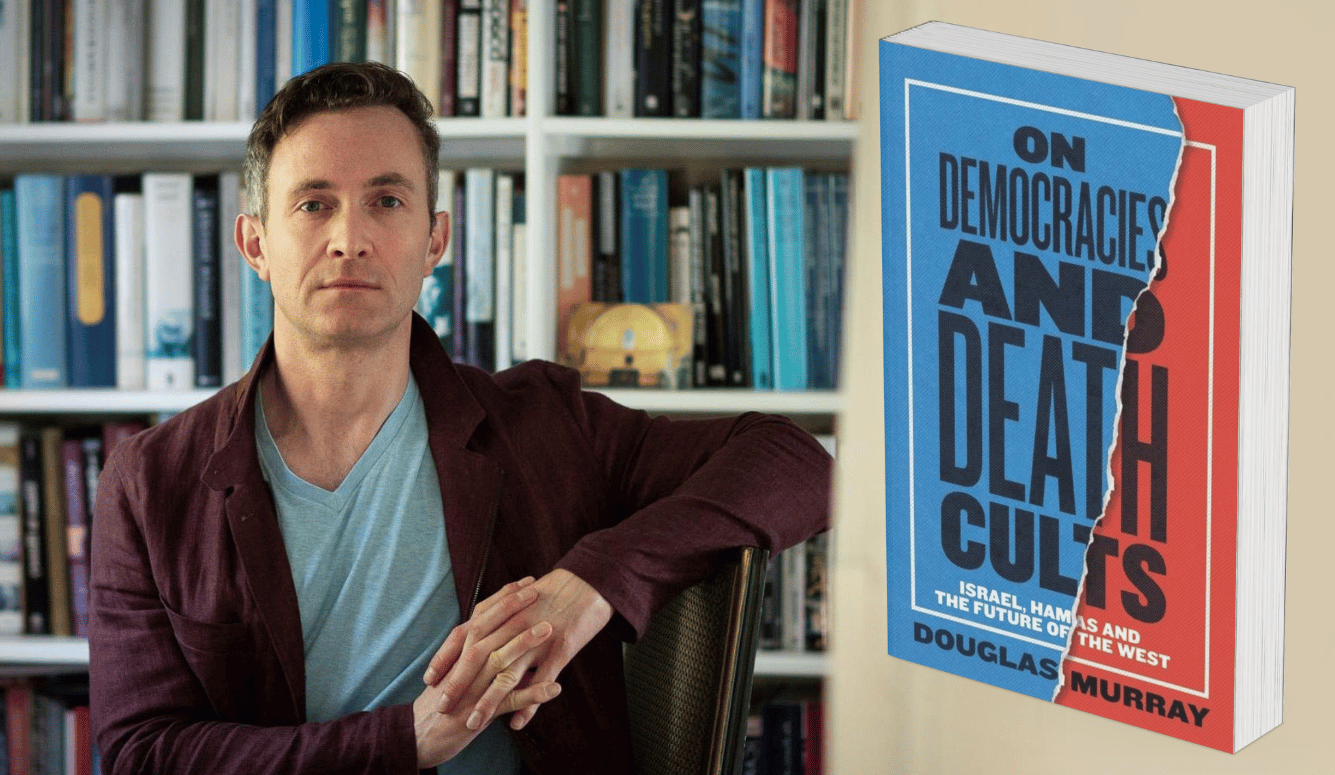 Douglas Murray is a middle-aged white man. He sits in front of a bookshelf. On the right, his book cover. 