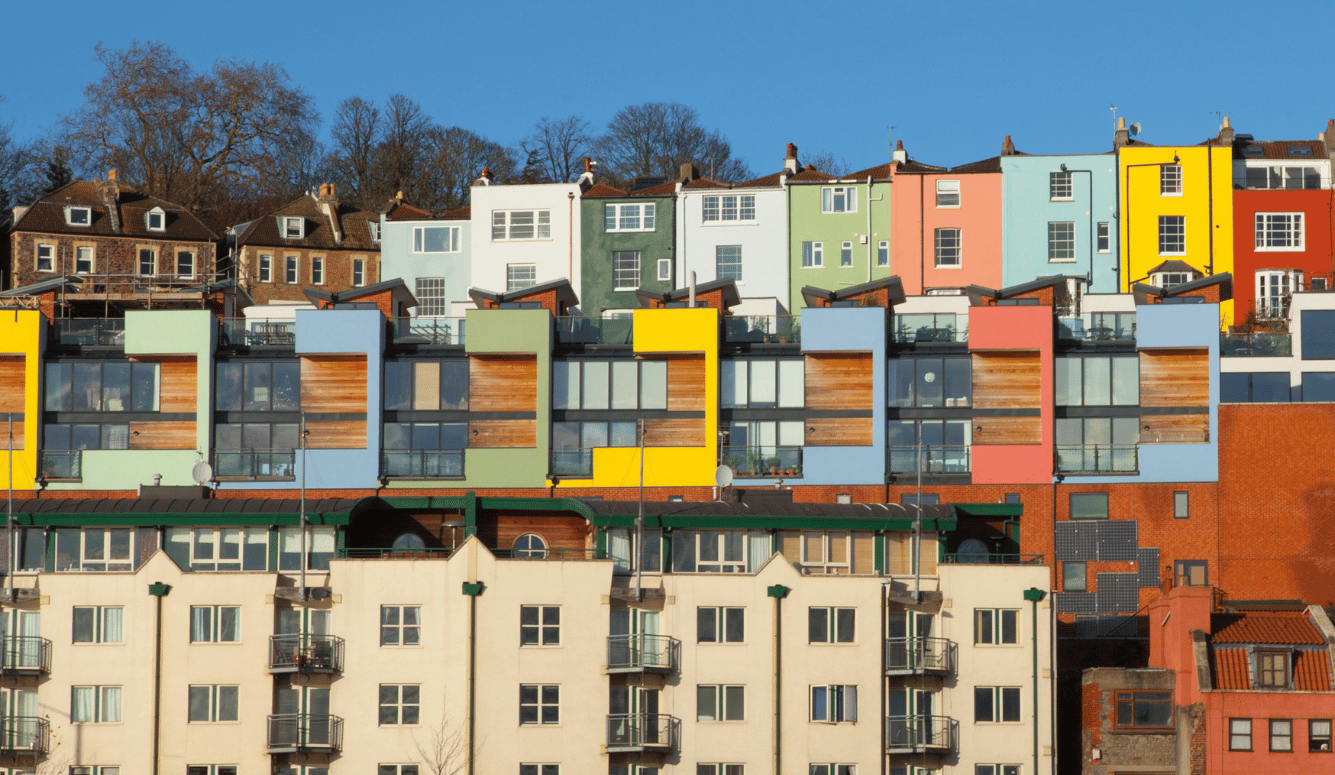 Colourful houses line Bristol's harbourside. 