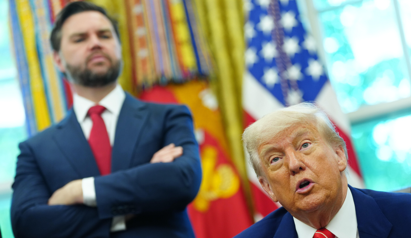 Vice President JD Vance looks on as President Donald J. Trump announces a trade agreement between the United States and the UK.  