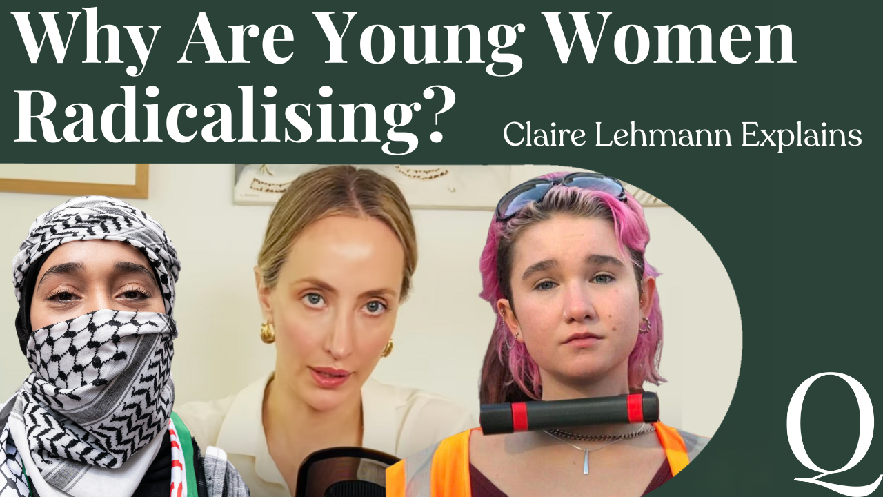 A thumbnail with Claire Lehmann and two radical young women, one in a keffiyeh.