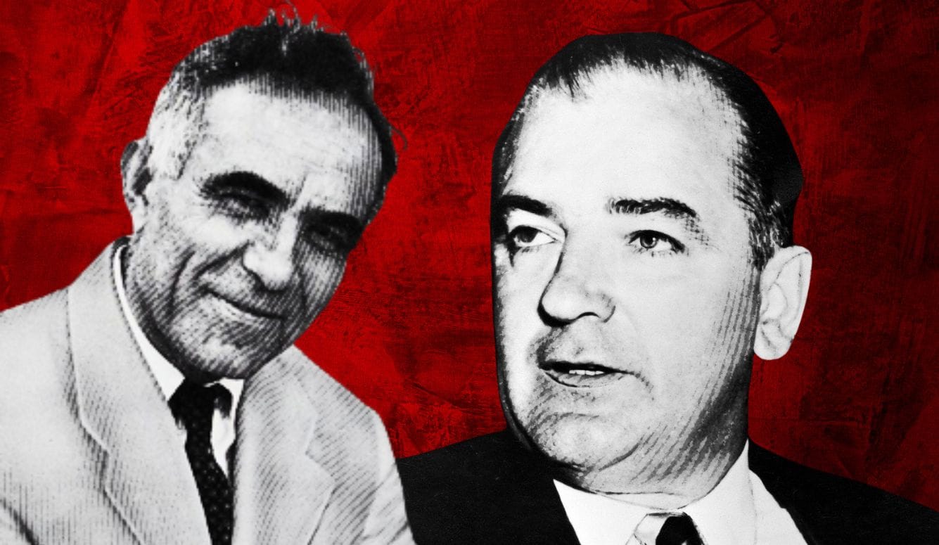A collage of two white men in their 60s on a red background.