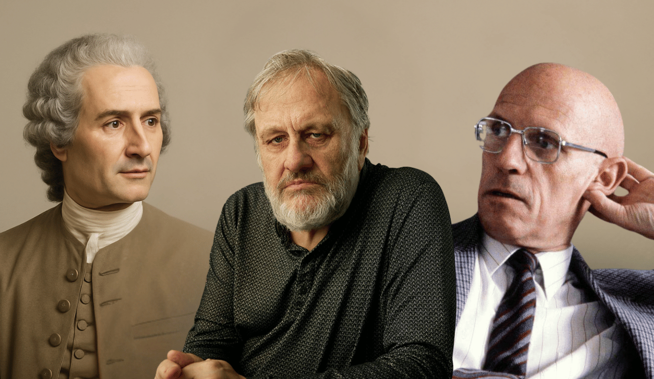 Jean-Jacques Rousseau, Slavoj Žižek, and Michel Foucault speaking independently, each facing slightly different directions as if addressing an audience, against a plain beige background.