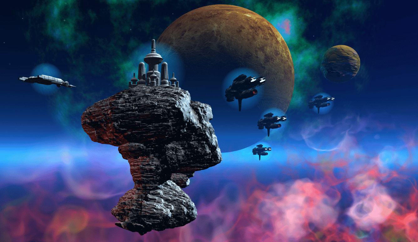 Futuristic city on an asteroid. Multicoloured.