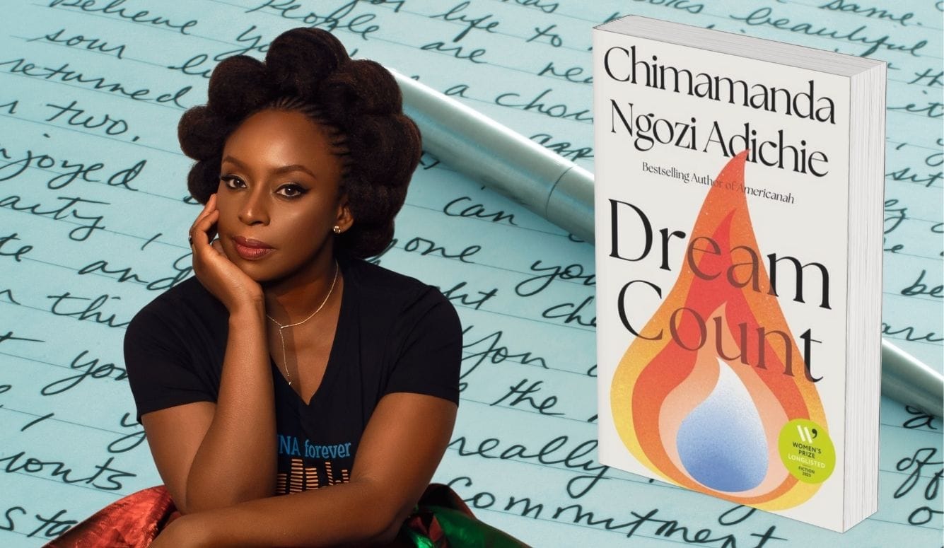 A collage of a beautiful black woman in her 30s or 40s and her book, with a flame on the cover.