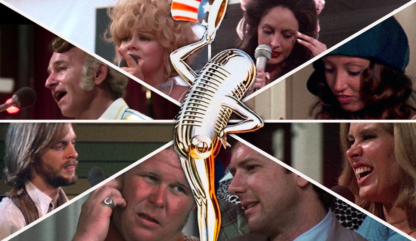 Composite picture of the stars of the film Nashville. Arranged in segments, like a flag, with a microphone wearing a US flag hat in the centre.
