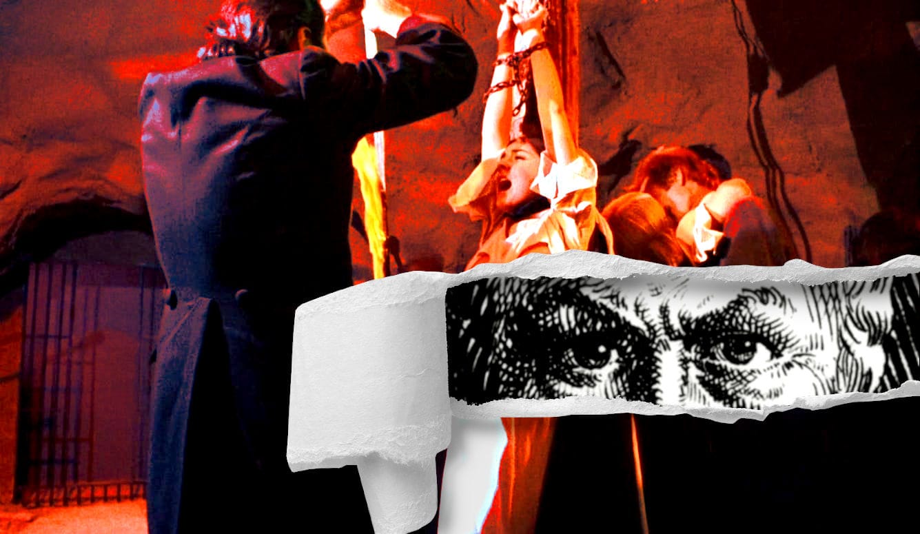 Composite image of a woman being tortured and a torn page that reveals a drawing of crazed-looking eyes. 