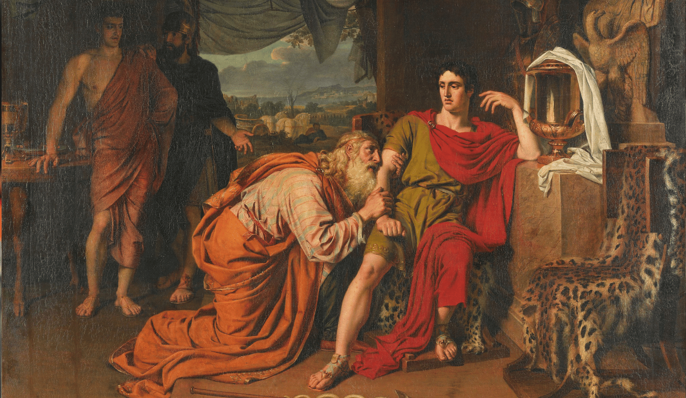 Oil painting. Priam clutches Achilles' arm and looks up at him beseechingly.  