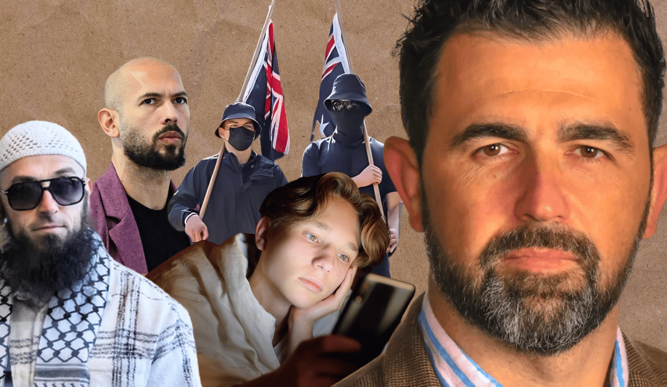 Collage showing radical Muslim cleric Wissam Haddad, influencer Andrew Tate, two masked neo-Nazis holding Australian flags, a teenage boy looking at his phone, and sociologist Joshua Roose.