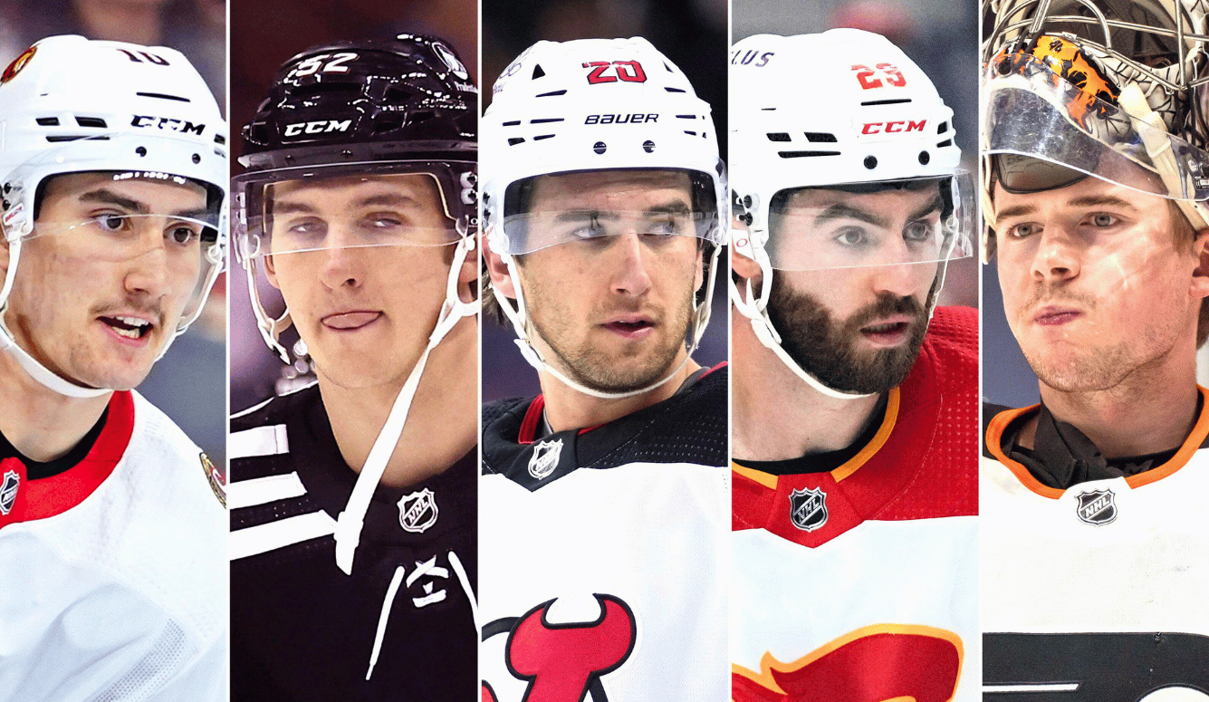 Composite image of five former Team Canada world junior hockey players: Alex Formenton, Cal Foote, Michael McLeod, Dillon Dube, and Carter Hart, all in their NHL uniforms and helmets.