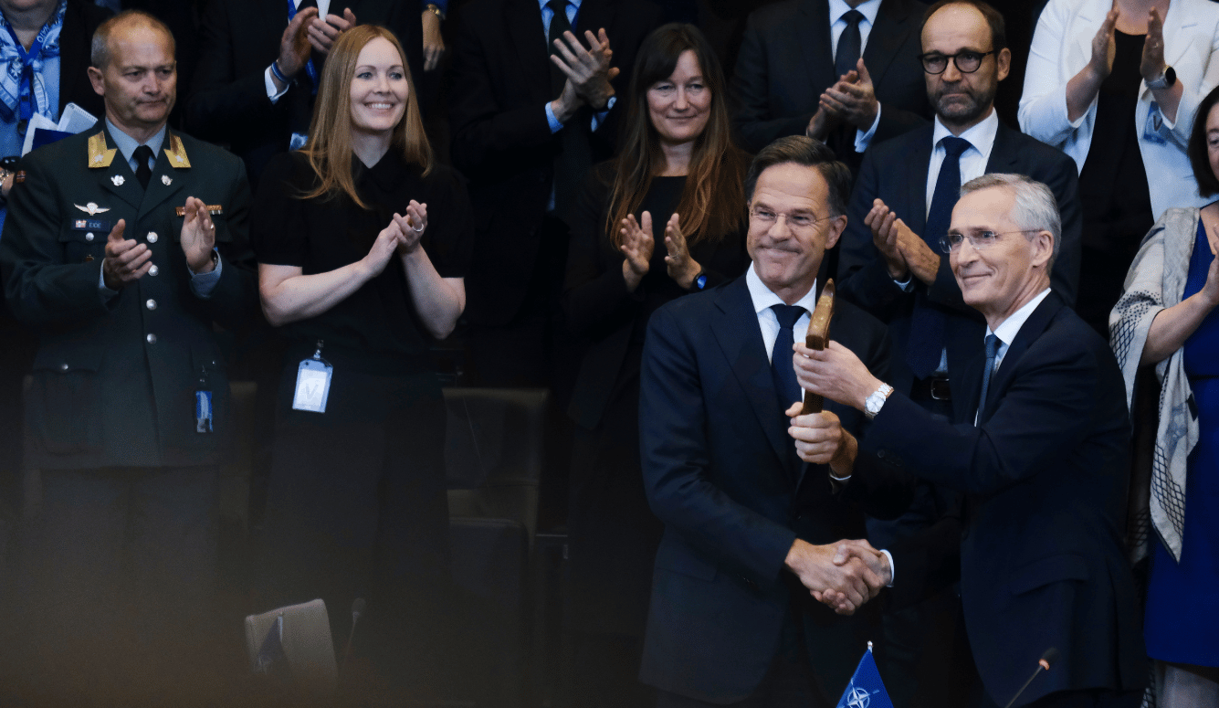 NATO’s new Secretary General Mark Rutte and outgoing NATO Secretary General Jens Stoltenberg during a handover ceremony at NATO headquarters in Brussels, Belgium on 1 October 2024. 