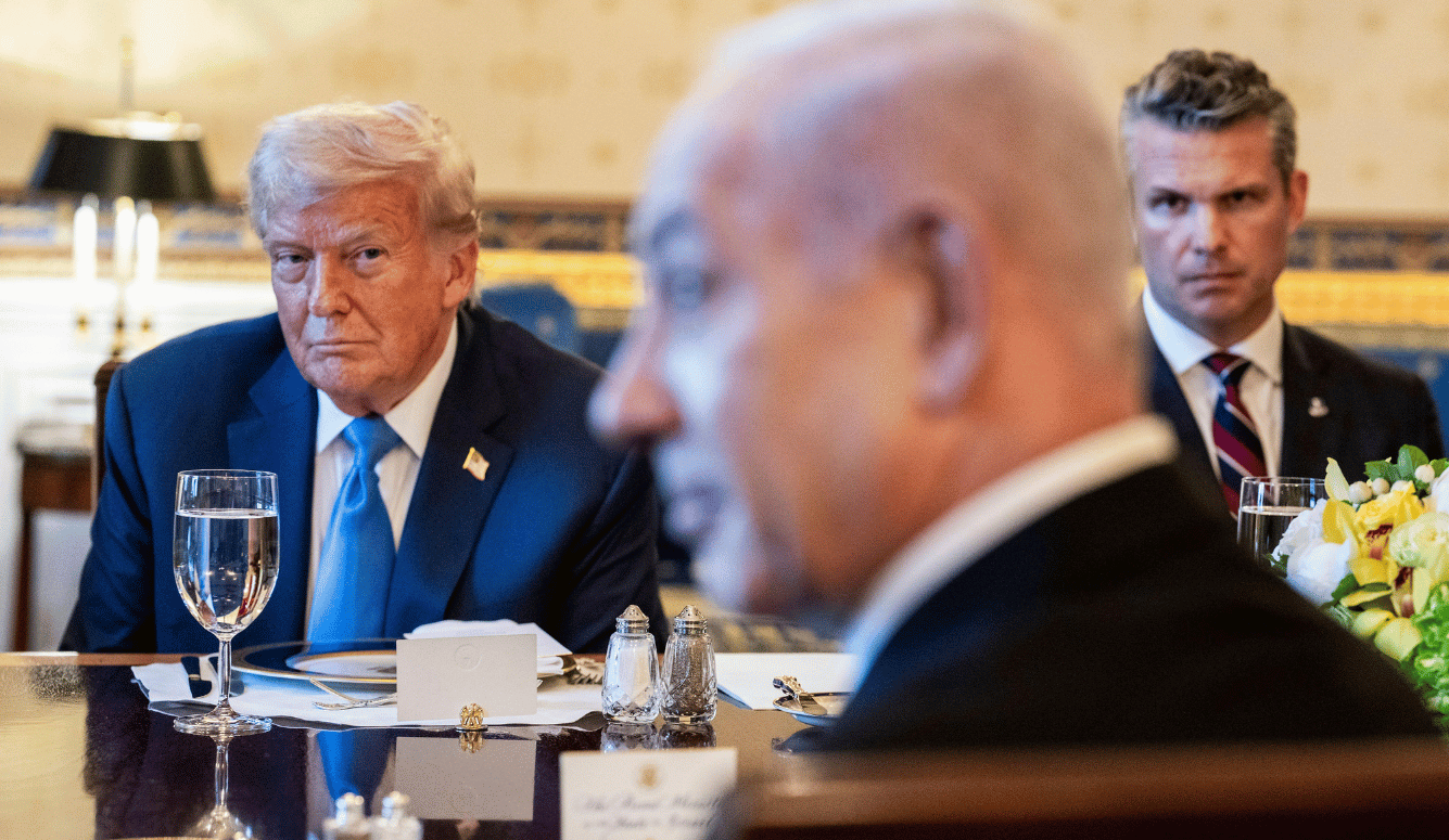 Donald Trump, Pete Hegseth, and BenjamiNetanyahu sit at a dining table.