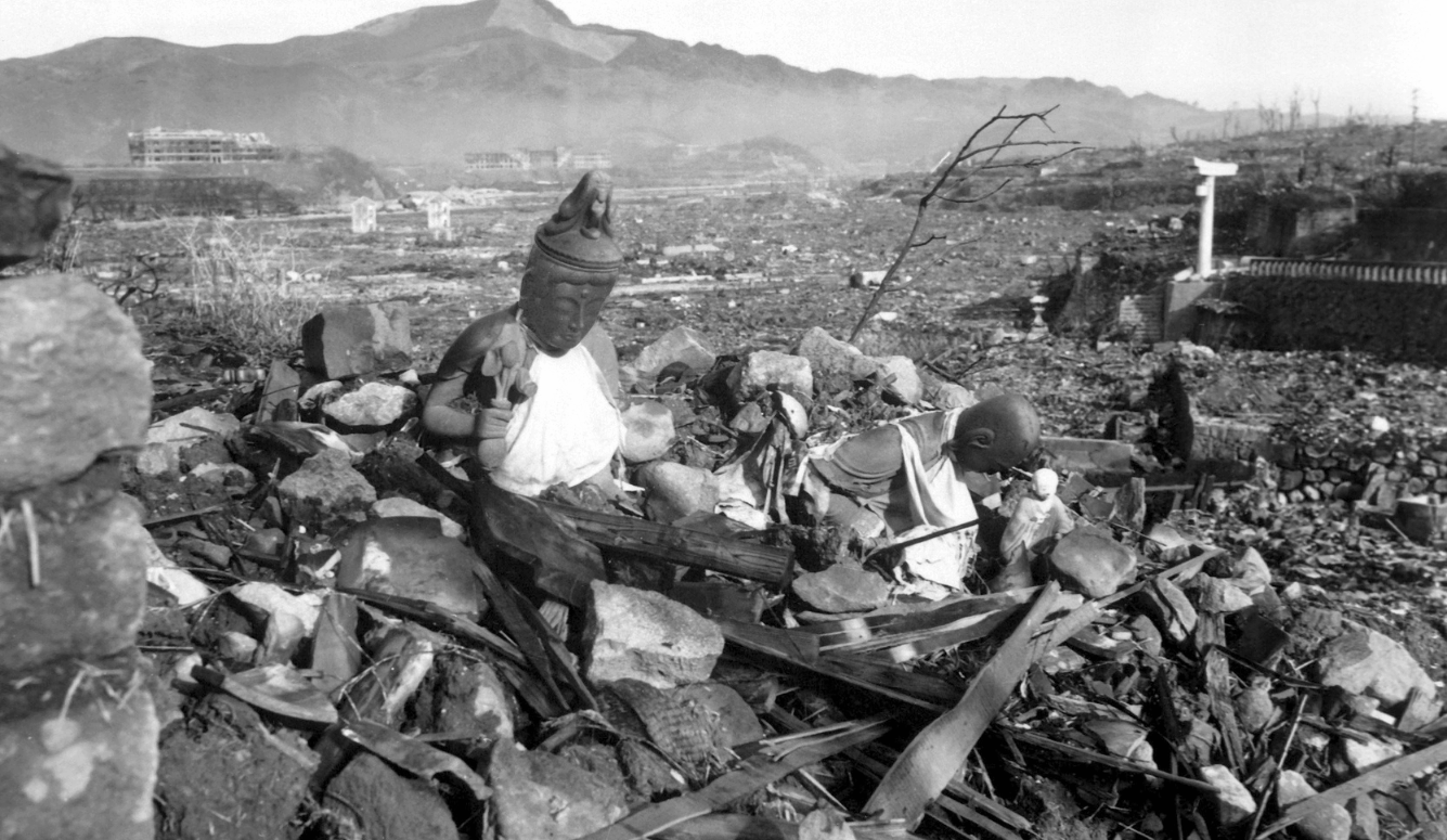 Buddha statue amid rubble in post-atomic-bomb Nagasaki, September 1945.