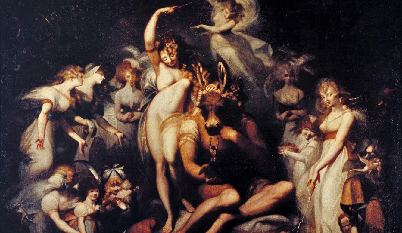 Oil painting of a fantastical scene from A Midsummer Night’s Dream, showing Titania embracing Bottom with a donkey’s head, surrounded by ethereal fairies in flowing gowns.