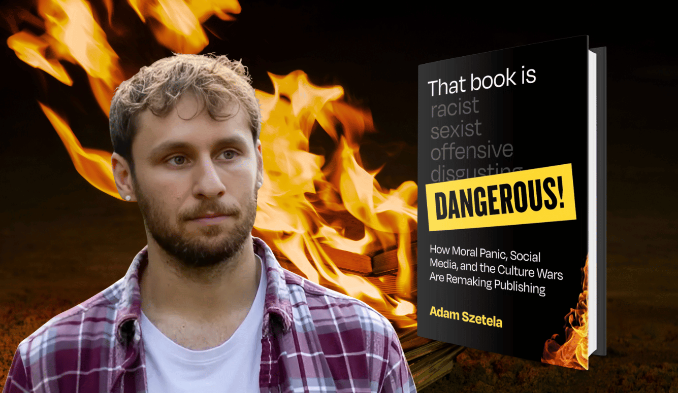 Adam Szetela is a young white man. Background of burning book and the cover of his new book