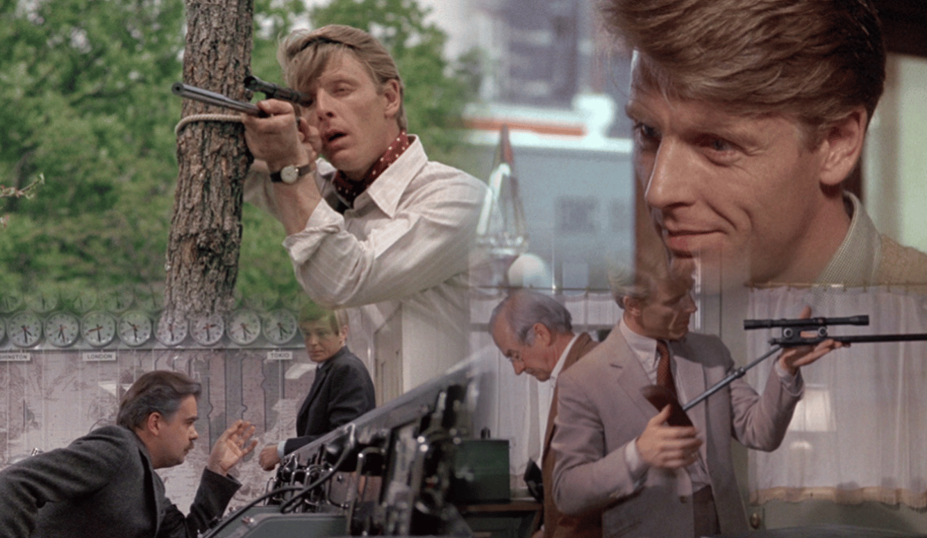 Collage of Edward Fox as the enigmatic assassin in The Day of the Jackal (1973).